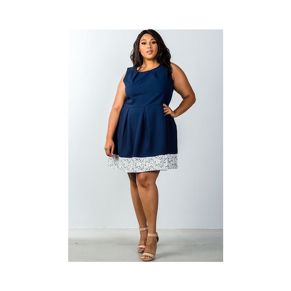 Navy & White Lace Hem A-Line Dress-Plus Sized